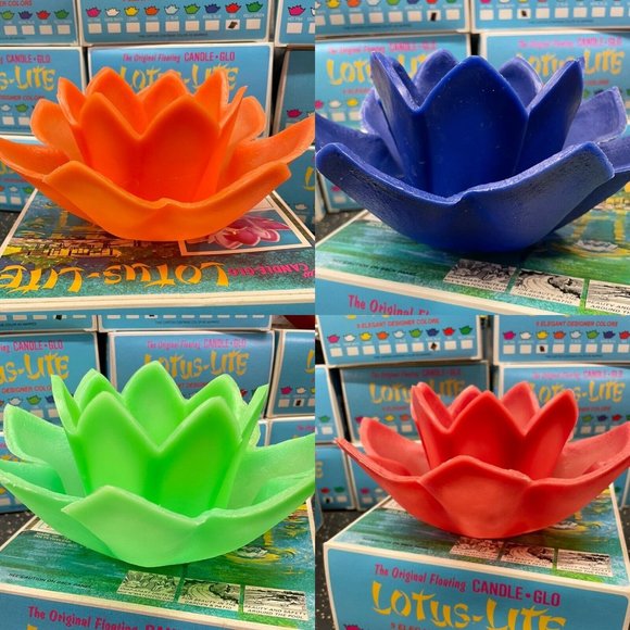 4 Vtg Lotus Lite Candle Glo Floating Pool Candles Tiki MCM Red Orange Bl… - Picture 1 of 11